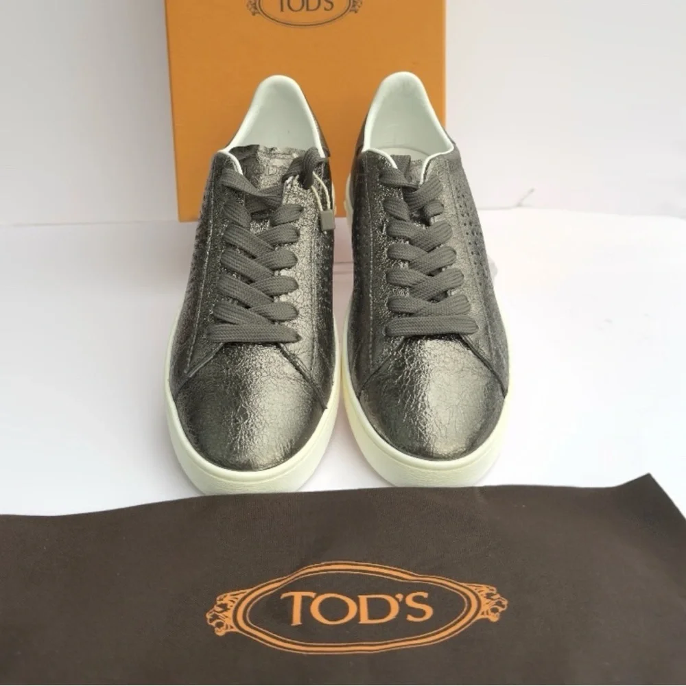 Tod's Women’s Metallic Gunmetal Silver Perforated Leather Low Top Sneakers NEW